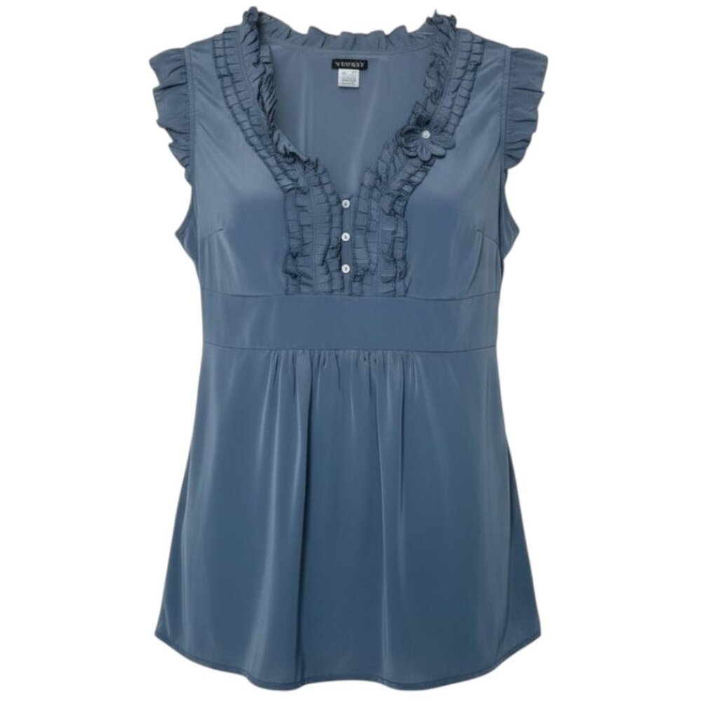 Venus Size 14 Blue Gray Metallic Ruffle Collar Short Cap Sleeve Top